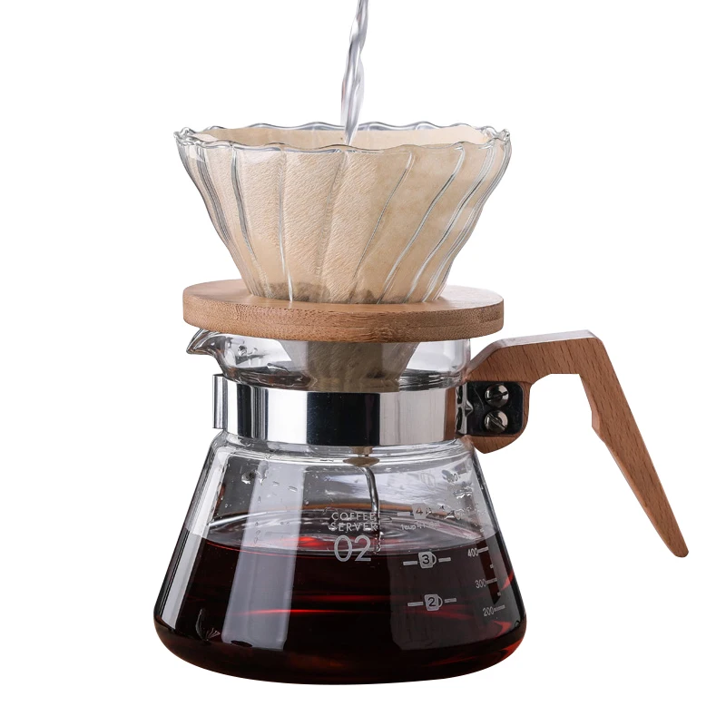 

Heat Resistant Borosilicate Glass Coffee Pot with Lid Heatproof V60 High Temperature Resistant Wooden Handle Hand Coffee Pot