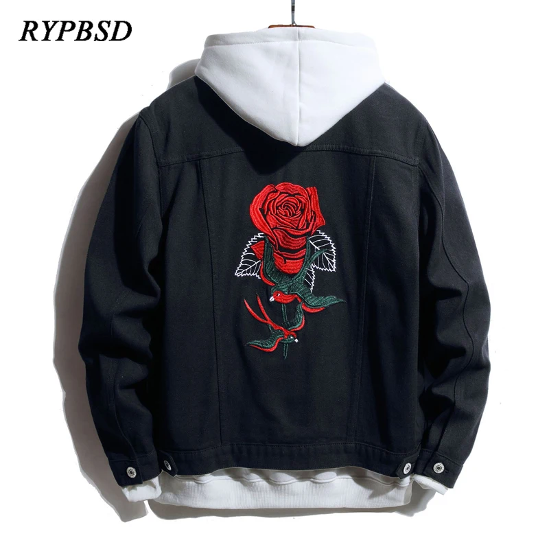 

Streetwear Rose Flower Bird Embroidery Black Denim Jacket Men Fashion Harajuku Korean Top Hip Hop Casual Jean Coat Style