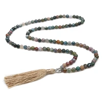 8mm natural indian agate beaded buddha head necklace 108 japa mala meditation yoga peaceful jewelry mens and womens amulet
