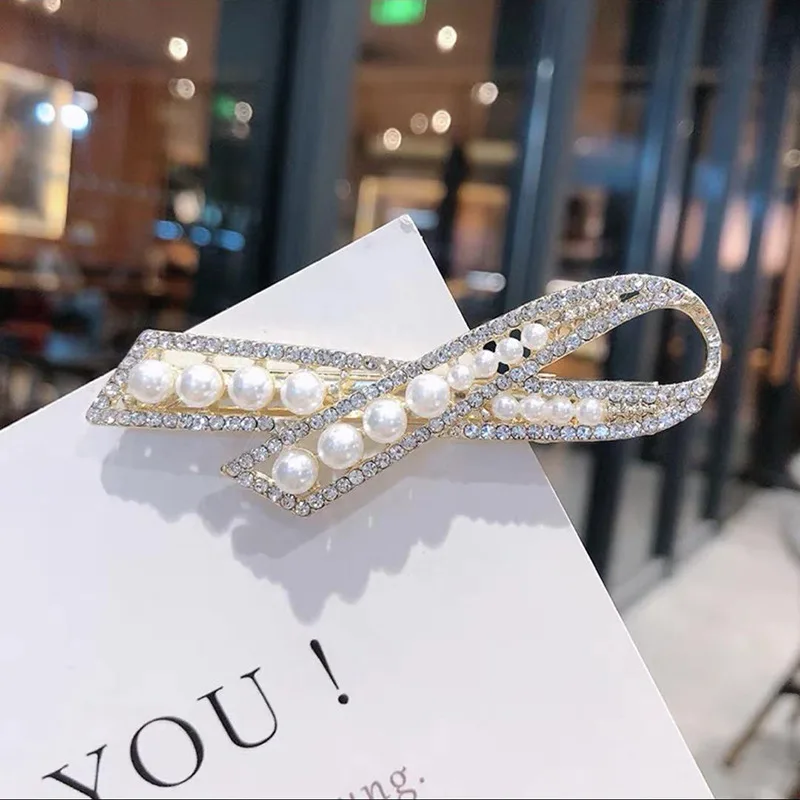 

Rhinestone Pearl Hairpins For Women Korean Gold Silver Alloy Ribbon Shape Barrettes Girl's Hairgrips Headwear Hair Accessories
