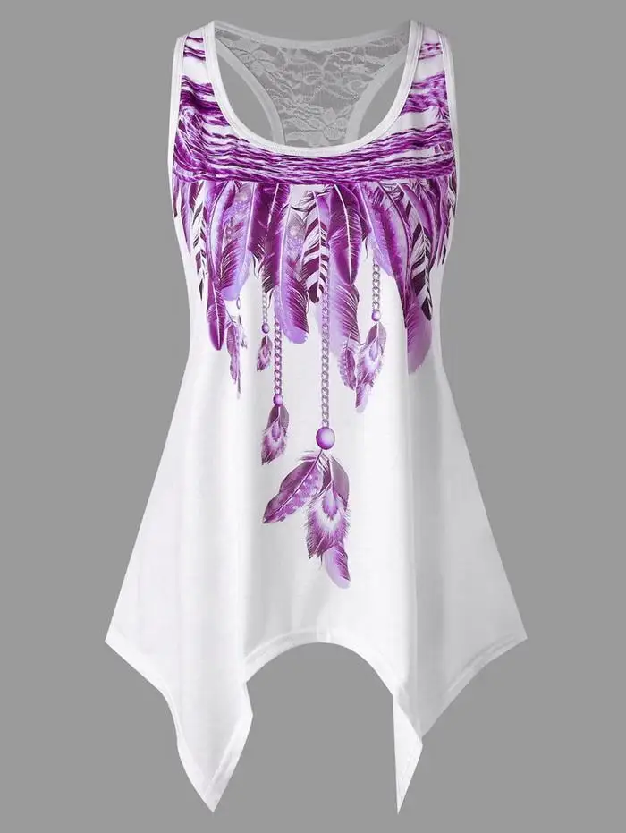 Summer Women Casual Feather Printed Irregular Hem Wine Red Purple Regular O Neck Top | Женская одежда
