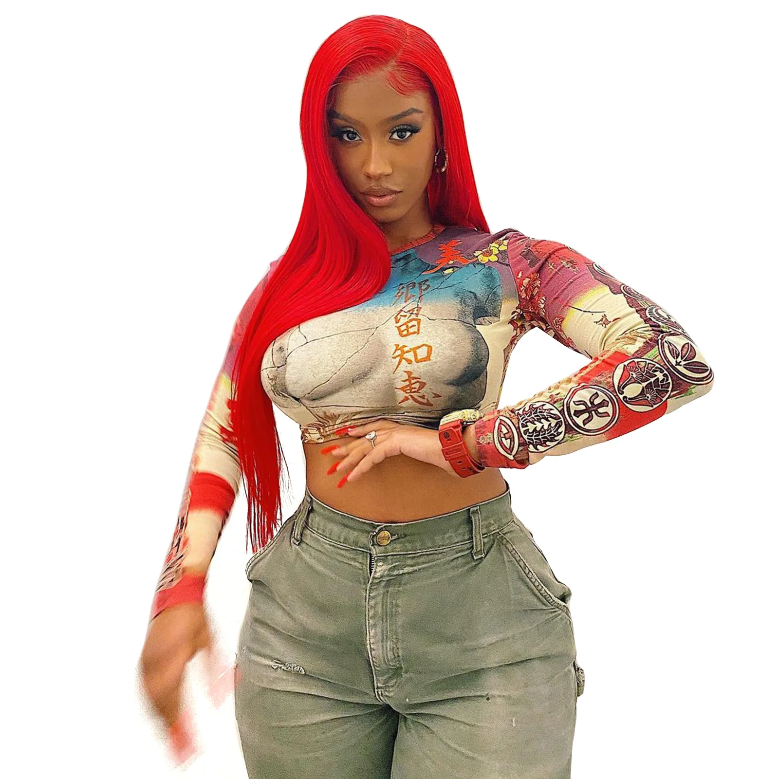 

RStylish 2021 Autumn Women Clothing Pattern Print Casual Basic O Neck Long Sleeve Punk Street Party T Shirt Crop Top