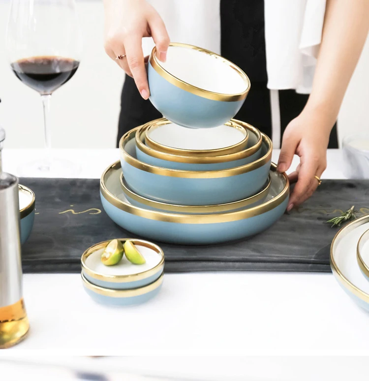 Скандинавский синий CeramicsGolden Rim посуда и тарелки наборы посуды тарелка лапша суповая чаша Западная еда стейк обеденная посуда тарелки