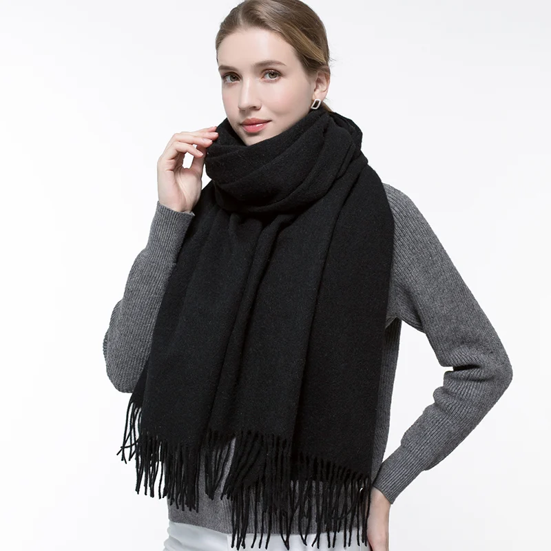 Wither Pure Wool Scarf Women Brand Thicken Warm Echarpe Wraps for Ladies Foulard Femme Solid Camel Merino Wool Scarves - Цвет: Black