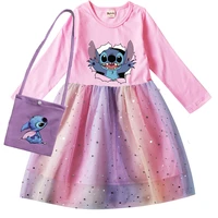 2022 new cartoon stitch baby girl dress bag long sleeve spring new princess party dress childrens clothing