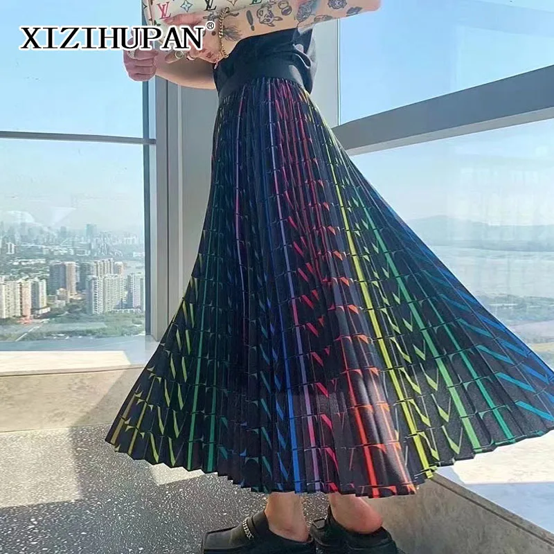 

XIZIHUPAN Hit Color Skirt For Women High Waist A Line Midi Loose Casual Skirts Female Summer Fashion New Clothing 2021 Tide