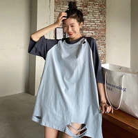 oversized t shirt spliced korean fashion hole short sleeve women tops summer loose lazy wind harajuku girls clothing cool 2022