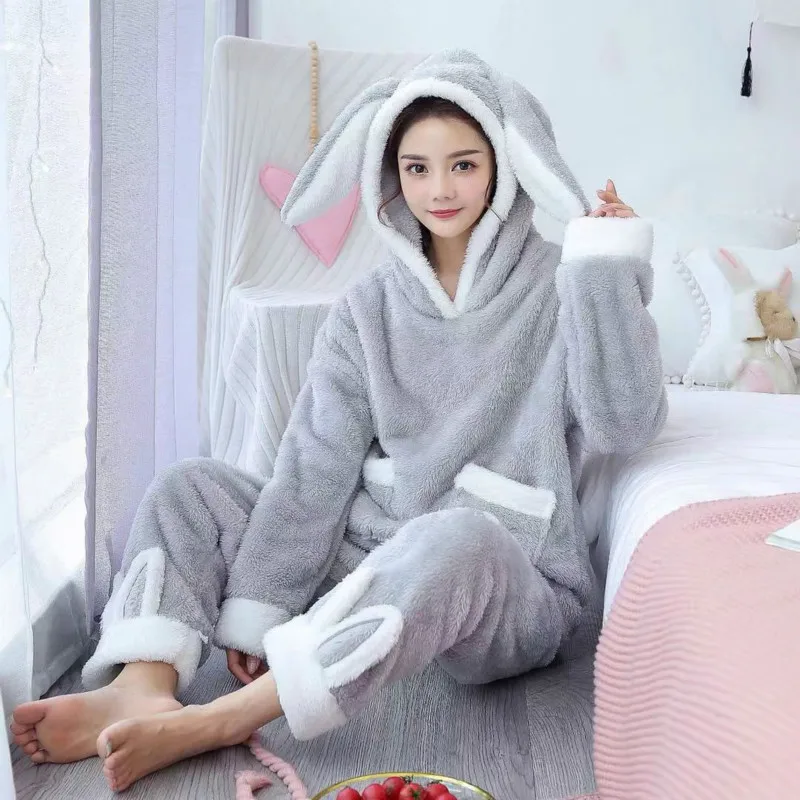 Plus Velvet Thick Pajamas Set Flannel New Pajamas Women Autumn and Winter Cute Hooded Coral Fleece Warm Female Long Sleeves