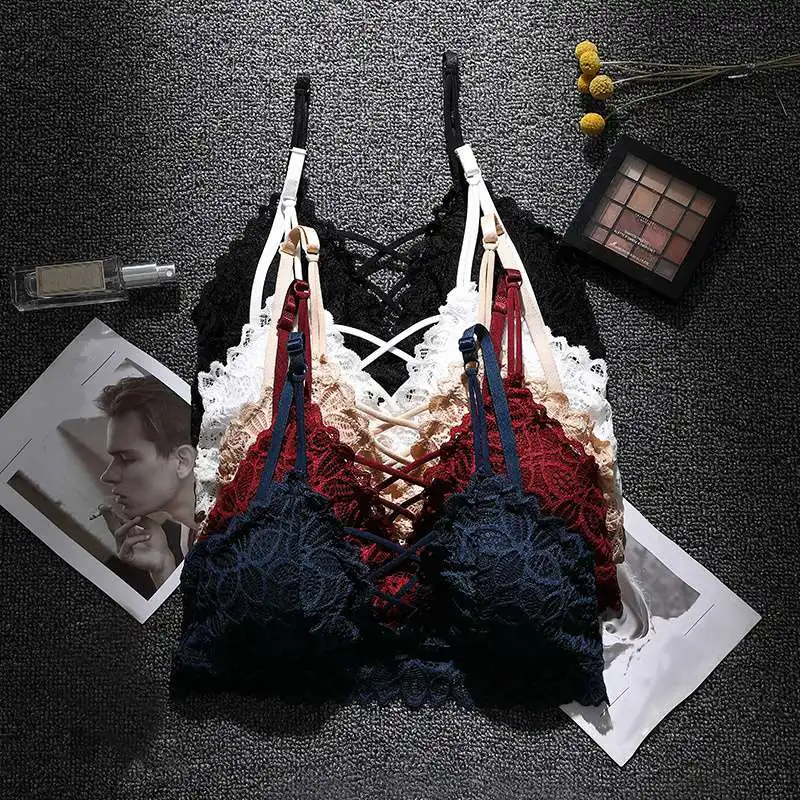 Женский бюстгальтер пуш-ап однотонный без косточек с кружевом винного красного