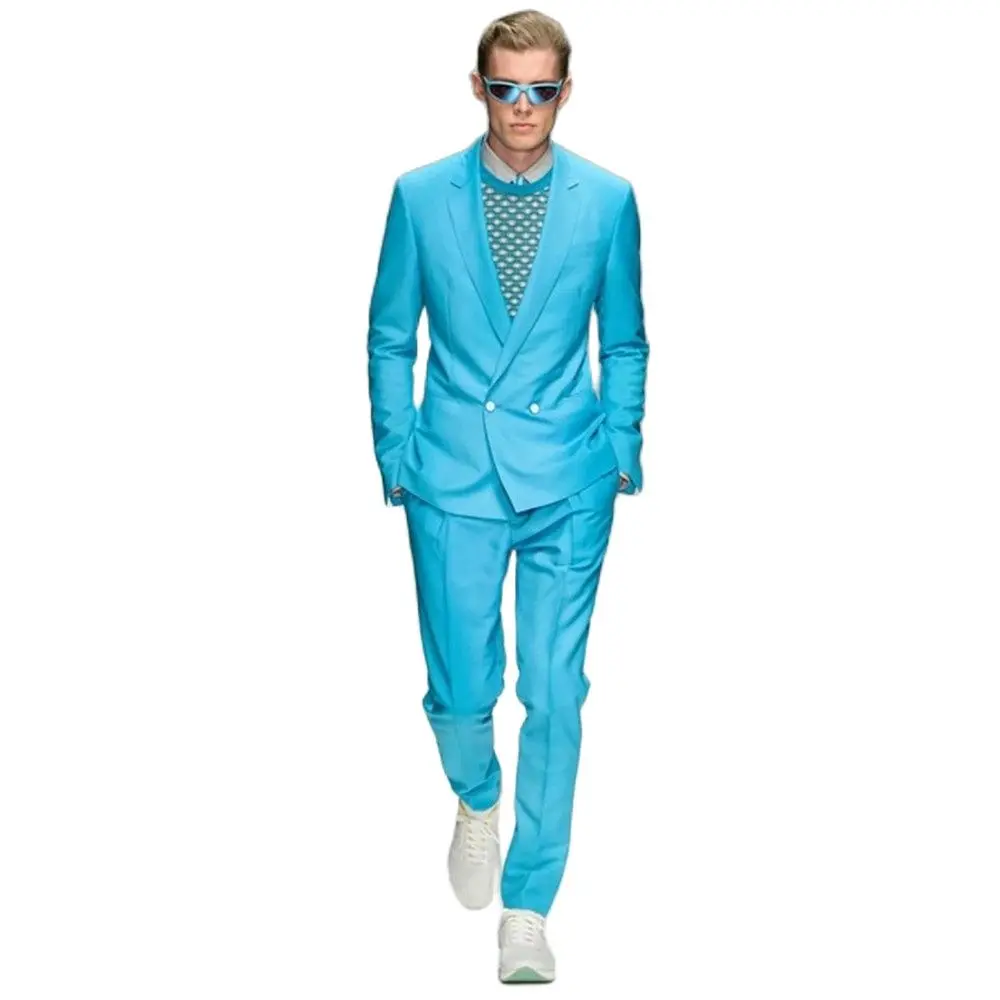 Custom Made Blue Bridegroom Men Suits Wedding Set Slim Fit Groom Tuxedos Prom Groomsmen Suits Casual Blazers 2 Pc(Jacket+Pants)