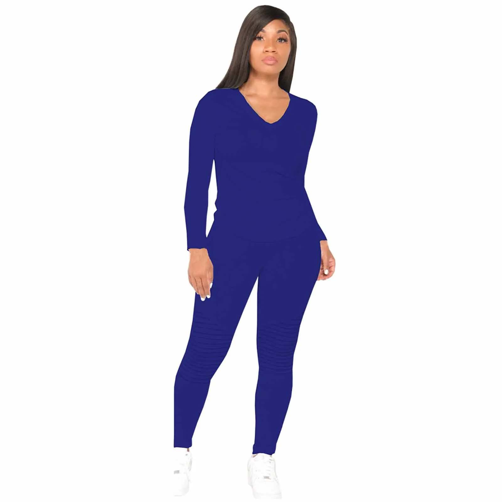 

2021 Conjuntos De Mujer Women's Fashion V-Neck Full Sleeve Pullover Tops With Pants Two Piece Set Ensemble Femme