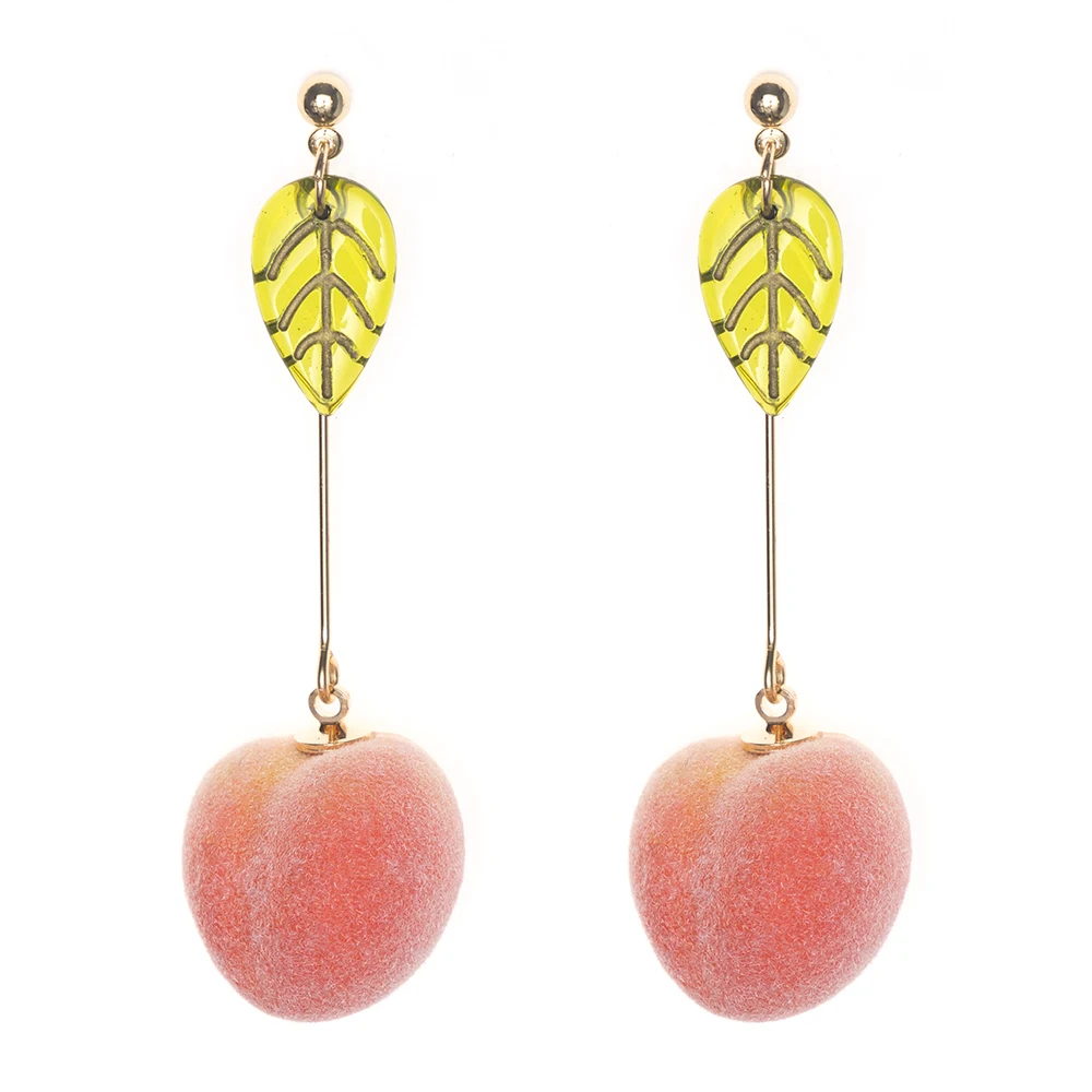 

Jaeeyin 2021 Fashion Gold Plated Women Long Dangle Minimalist Pink Leaf Juicy Honey Peach Drop Fruit Earrings for Teenagers