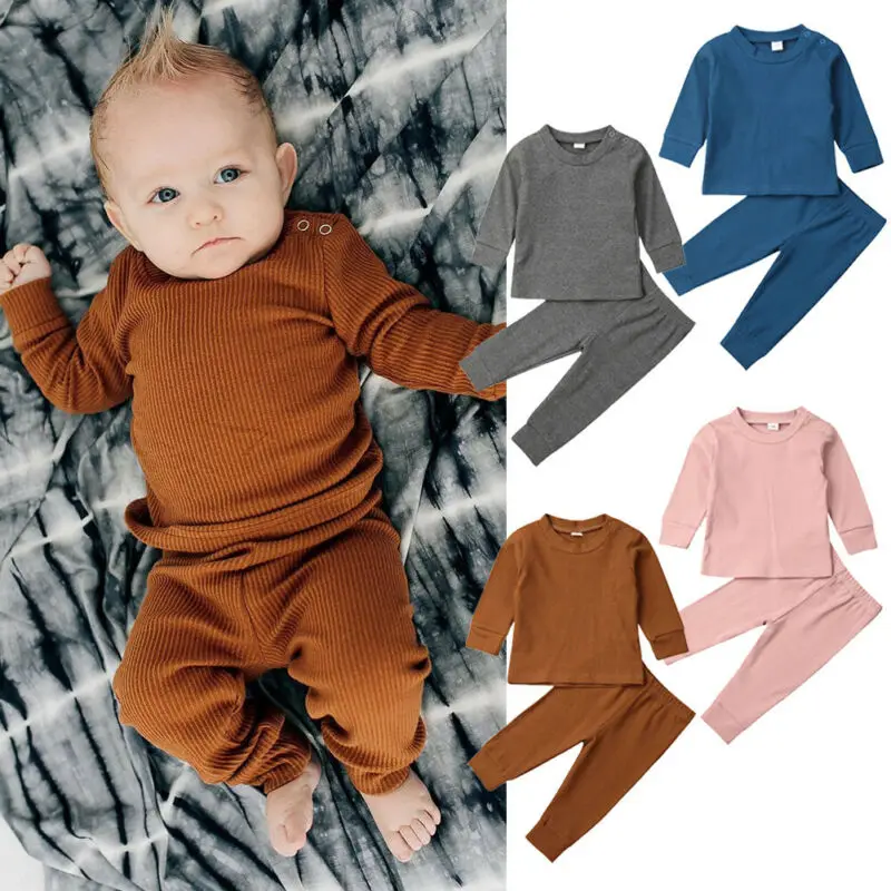 

Toddler Kids Baby Girl Boy Cotton Sets Fall Clothes Long Sleeve Shirts+Pants Solid Outfits Active Baby Tracksuits 0-24M