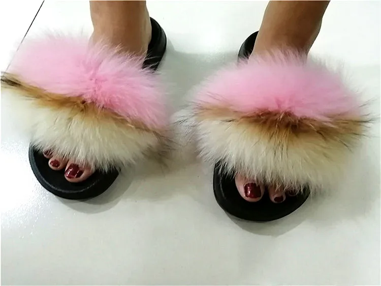 Women Fox Fur Slippers Real Fox Fur Slides Lovely Plush Slippers Woman Summer Home Sandals Women Fur Slides Furry Flip Flops Hot
