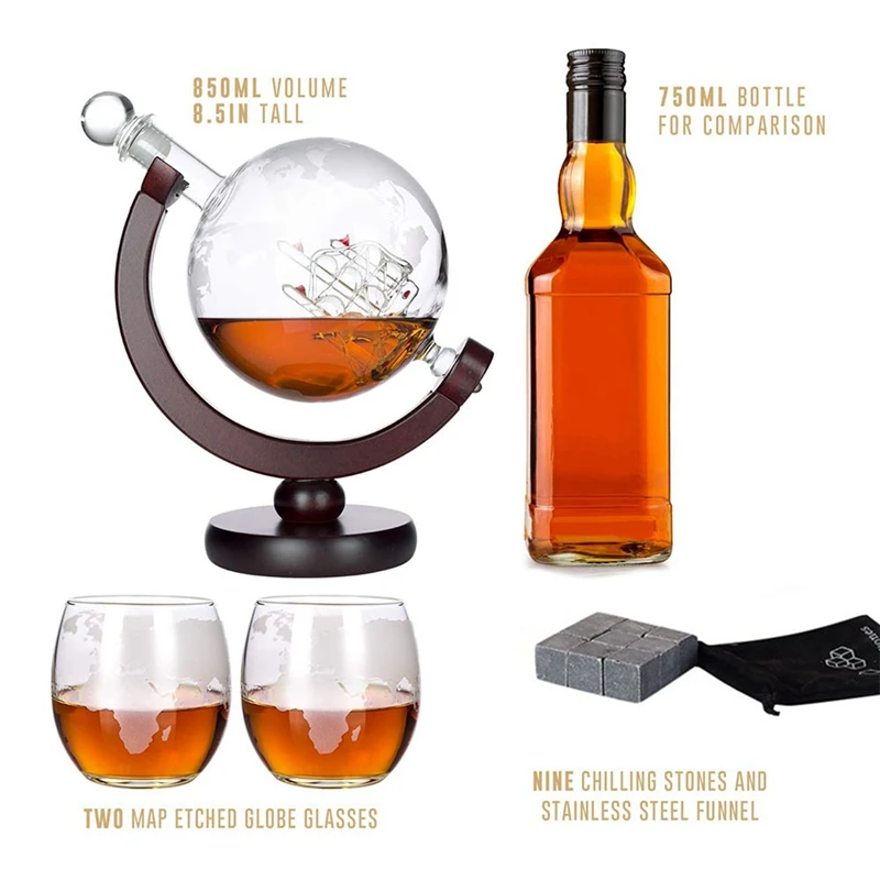 

Whiskey Globe Decanter Set,with 2 Glass Cups+9 Whiskey Stones+Stainless Steel Funnel-for Liquor,Bourbon,Vodka-850Ml