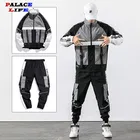 В стиле хип-хоп Спецодежды Куртка мужская спортивная куртка + штаны, комплекты из 2 предметов бейсбольный свободного кроя на молнии пальто, украшенное лентами и длинные штаны мужская одежда 3XL