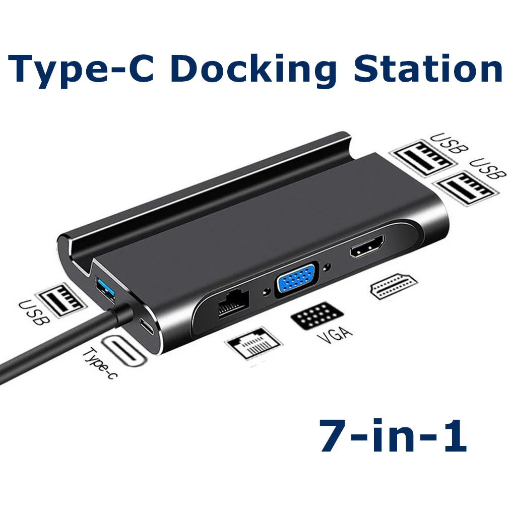 

7in1 Type C to HDMI-compatible HUB Adapter USB Hub Docking Station USB3.0 VGA RJ45 PD Converter for Laptop Macbook Pro Dock Hub