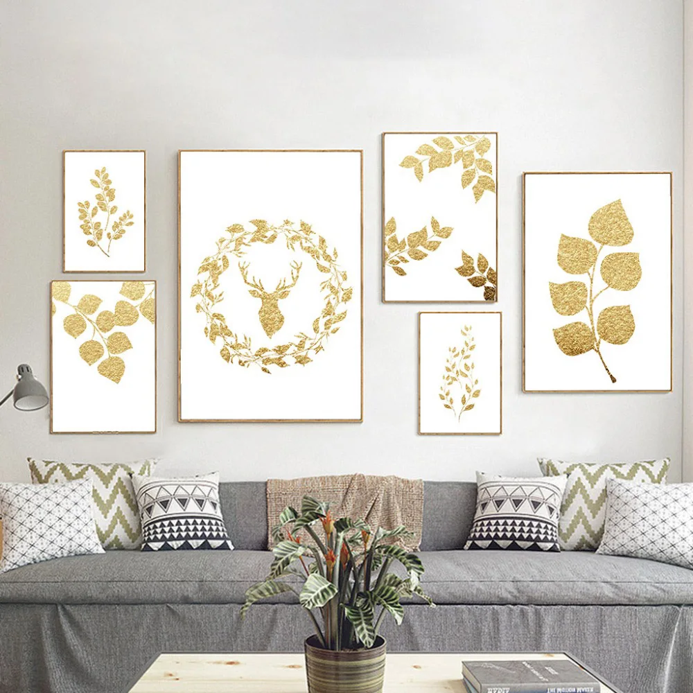 Фото Простые картины на холсте в скандинавском стиле постеры и принты золотых листьев