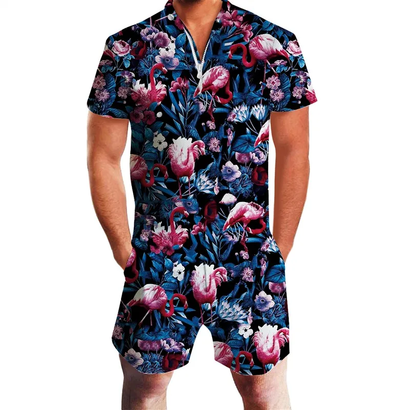 flamingo 3 New Mens Rompers 90s Jazz Solo 3D Paper Cup Printed Jumpsuit Harem Cargo Overalls Summer Hip-Hop Casual Bibs Pants Dropship - Цвет: flamingo 3