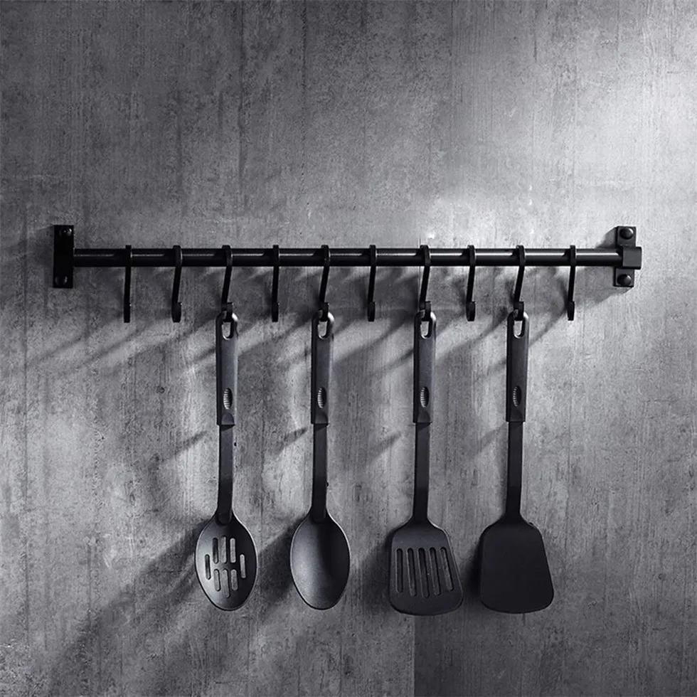 

Матовая Черная кухонная стойка с крючками, полка для кухни в американском стиле, космическая алюминиевая рамка, кухонная утварь