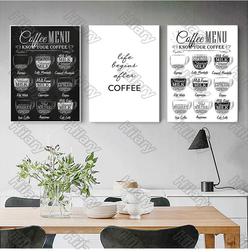 

Poster Black and White Coffee Menu Letters Canvas Painting and Prints Wall Art Pictures Decoration for Living Room 3Pcs