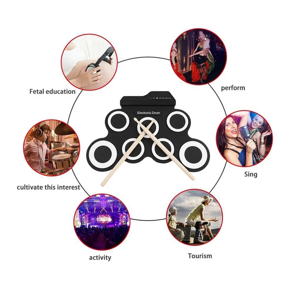 

Hand-Rolled Usb Electronic Drum Portable Drum Kitfolding Silicone Practice Drum Roll Up Drum With 7 Silicon Pads