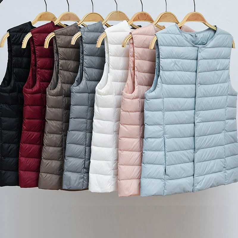

Women 90% Ultra Light White Duck Down Jacket V Collar or O Collar Sleeveless Coat Women Vest Thin Down Coat