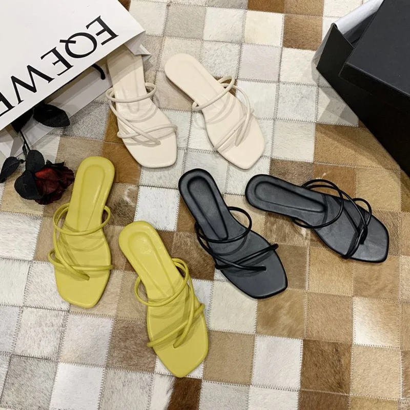 

2021 New Sandals Summer Flat Slippers Korean Women's Flip-flops Outer Wear Solid Color Artificial PU Slippers