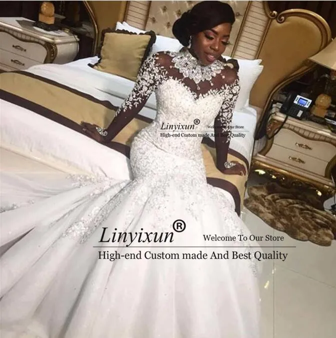 

Luxury Crystals African Mermaid Wedding Dresses 2021 Zipper Back Long Sleeve Heave Beaded Bride Dress Vestido De Noiva