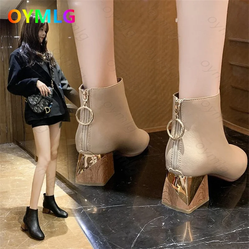 

2021 autumn and winter new square head leather boots thick heel high heel shoes female rear zipper short tube Martin boots women