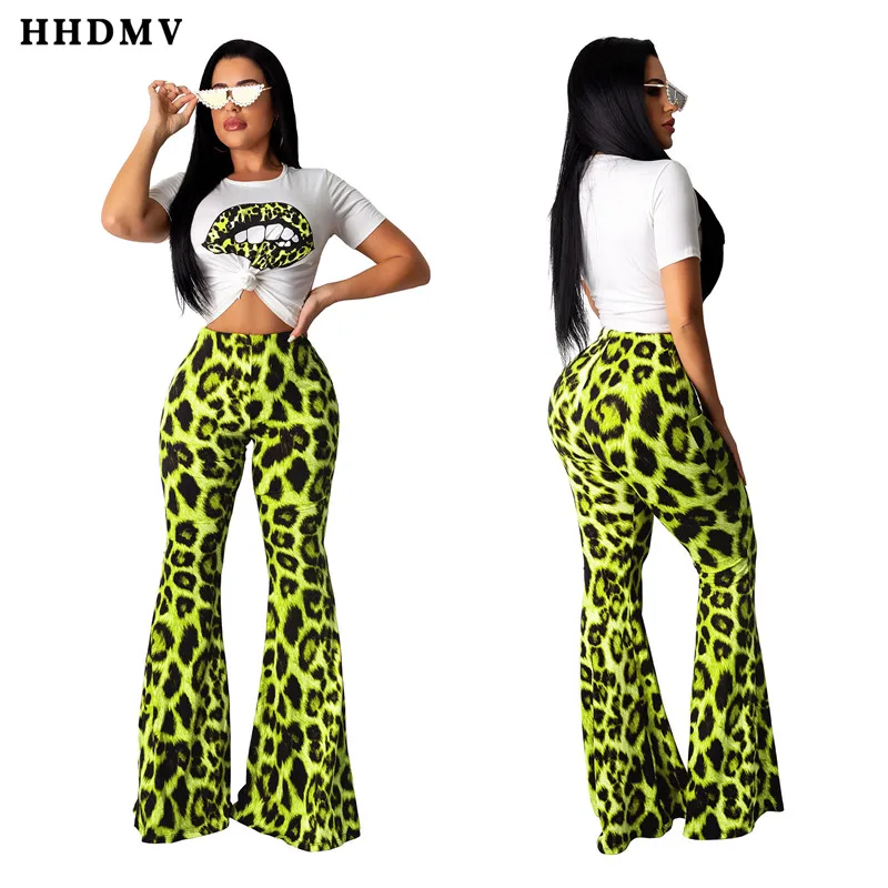 HHDMV ZSC087 summer high street style sets short sleeve round neck printed top elastic leopard grain long pants two piece |