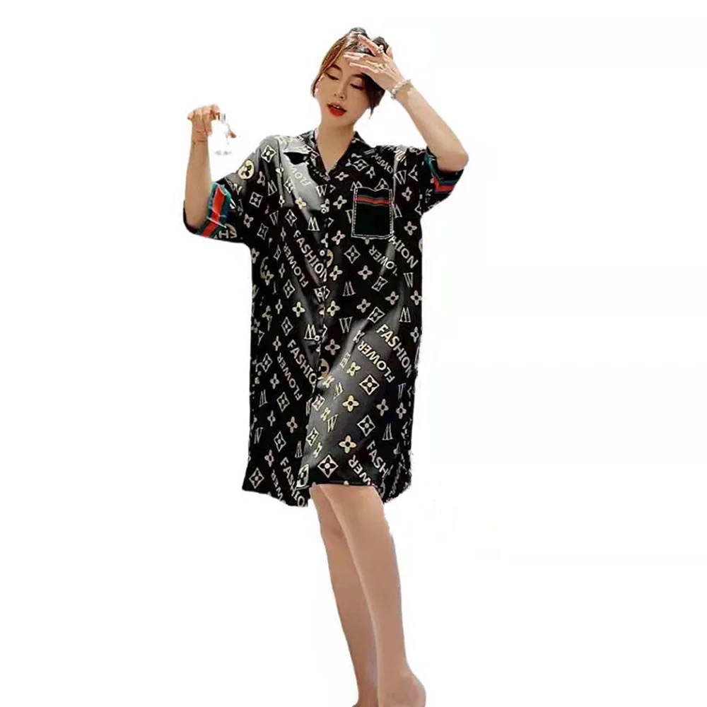 

2021 summer new pajamas skirt ice silk shirt skirt Korean version of the net red cute fashion home service