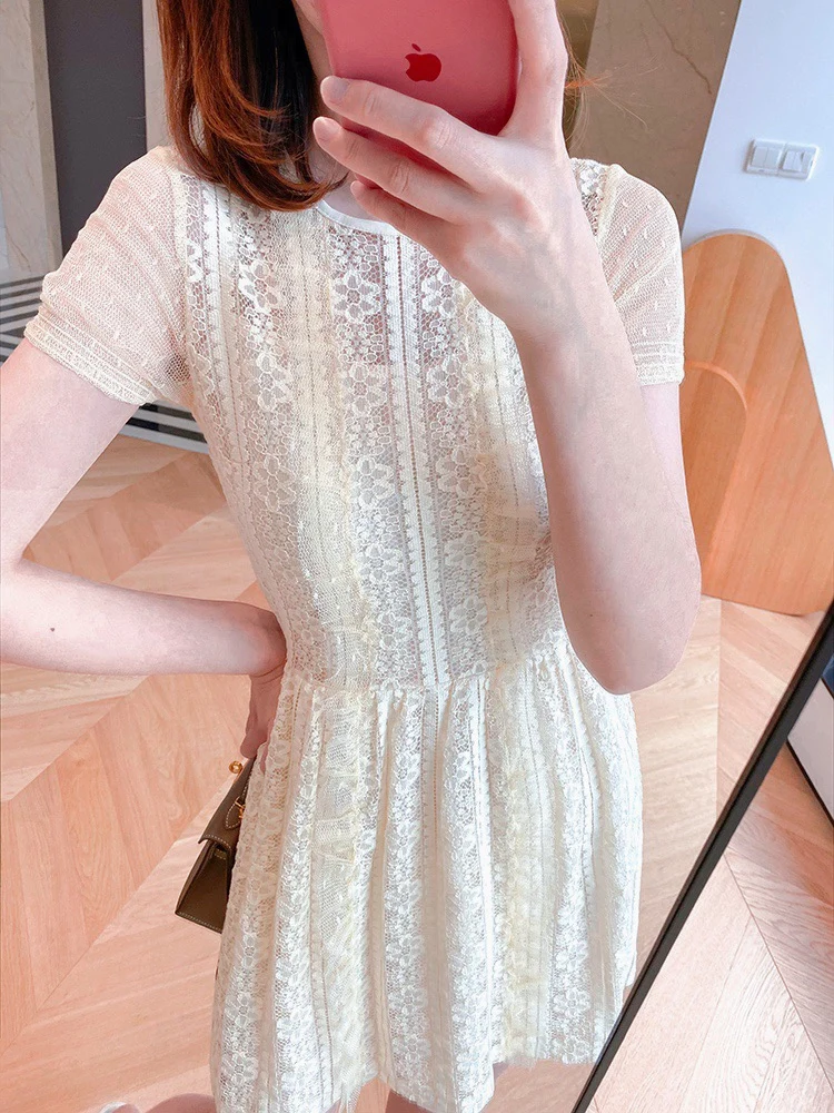 

Women Lace Mesh Mini Dresses Hollow Out Short Sleeve Two Pieces Set Temperament Summer Dresses