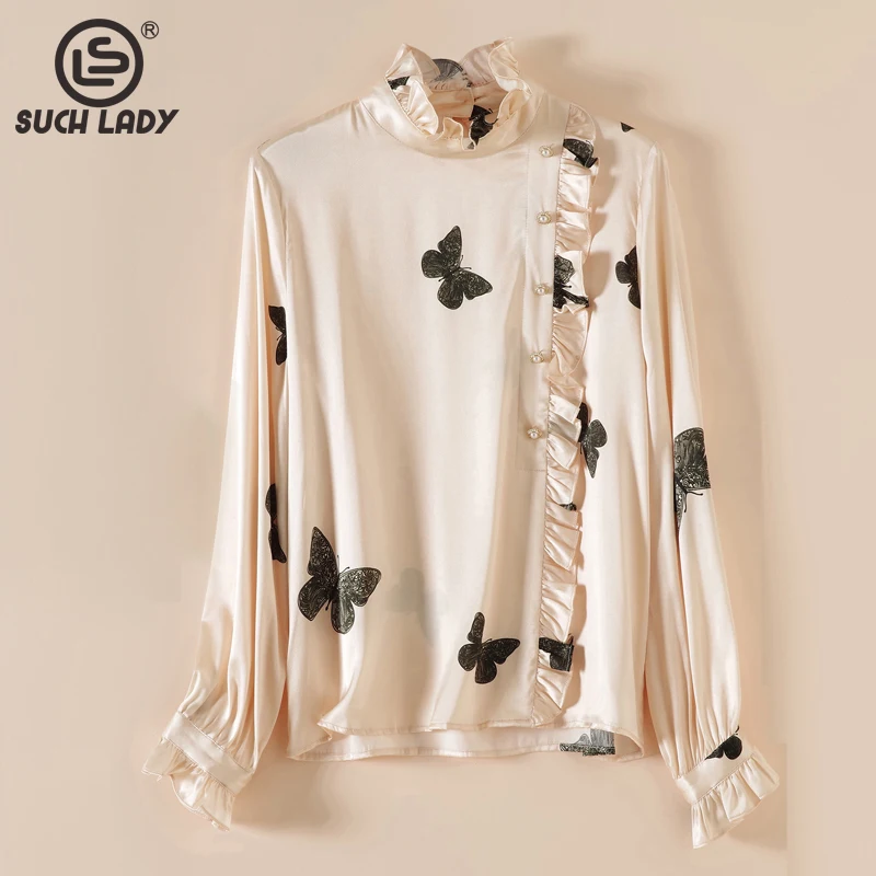 

93% Silk 7% Spandex Women's Shirt Ruffled Collar Long Sleeves Butterflies Printed Asymmetrical Single Breasted Elegant Blouse
