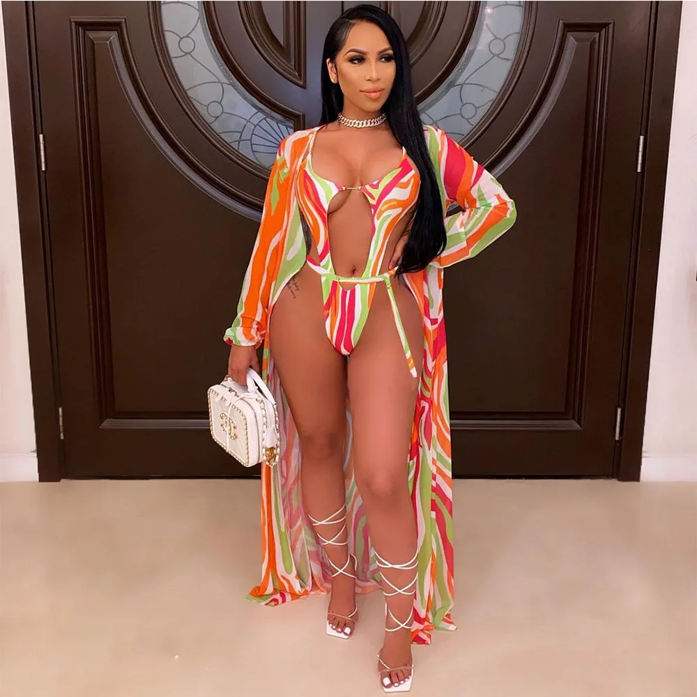 Oluolin Women 3 Piece Set Bikini Summer Hollow Out Strap Swimwear Bathing Suits and Long Chiffon Cover Up Outfit Beach Suit