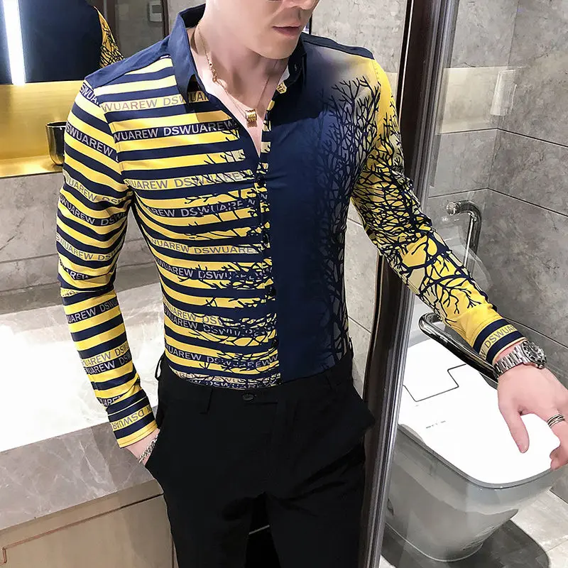 Рубашка мужская приталенная с длинным рукавом дизайнерская цифровой печатью в