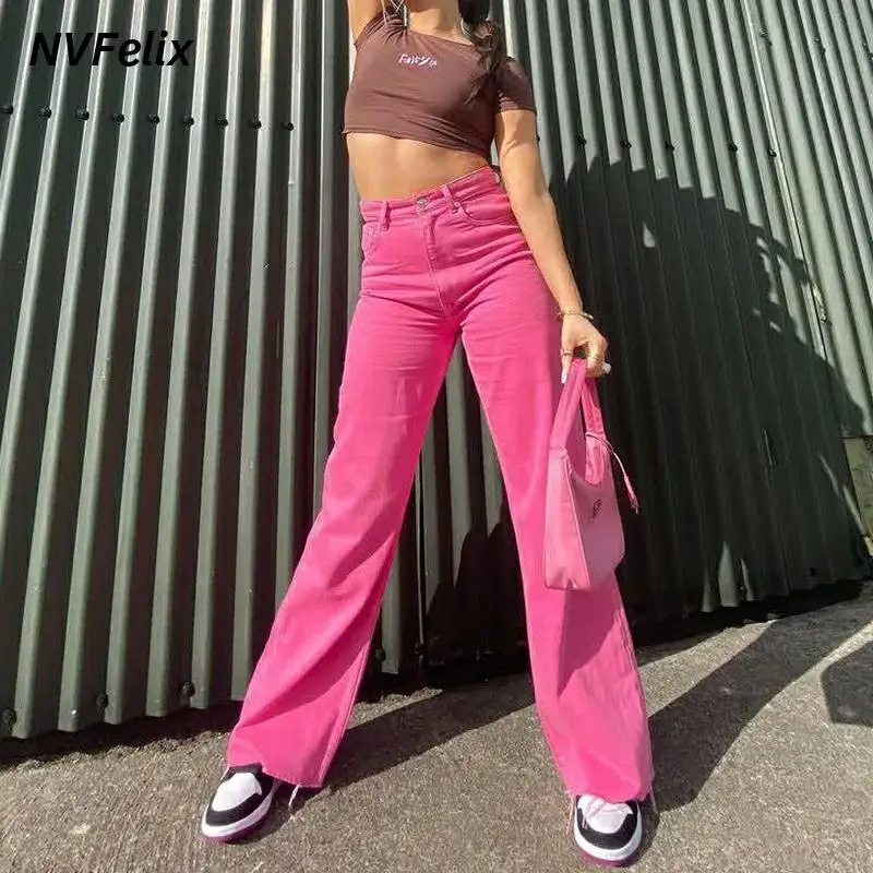 

Solid Color Full Length Wide Leg Jeans Straight Loose Denim Pants High Waist Five Pocket Jeans Streetwear Fashion Femme Trousers