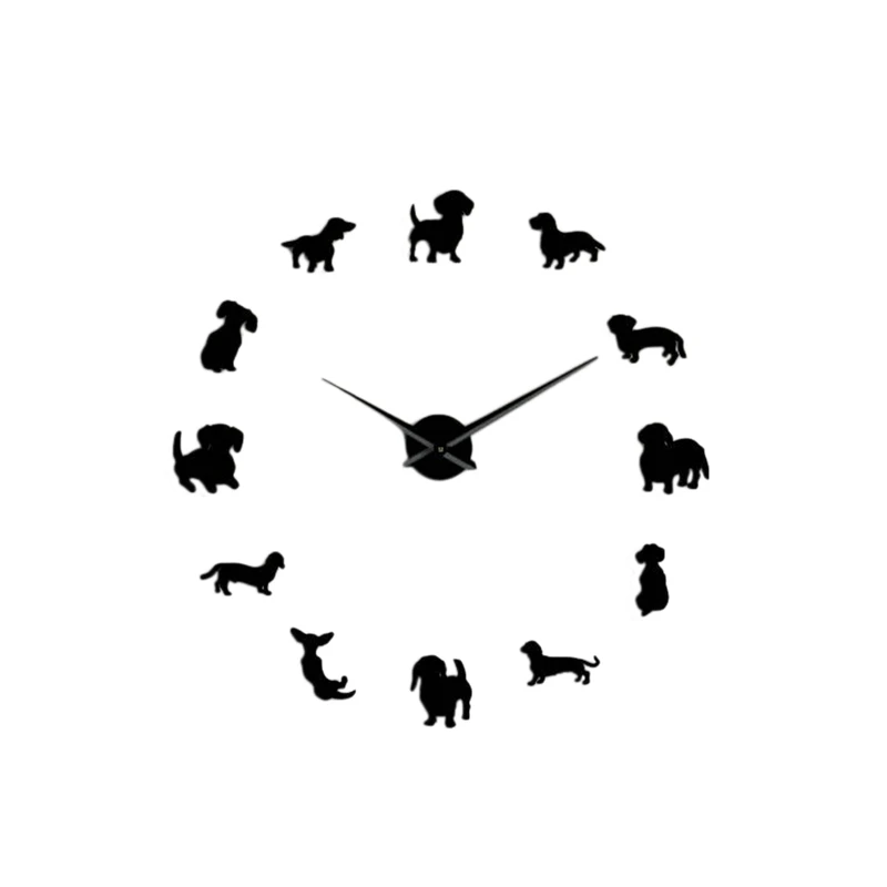 

Настенные часы с зеркальным эффектом, бескаркасные гигантские настенные часы «сделай сам» с рисунком таксы, щенка, собаки, сосиски, большие