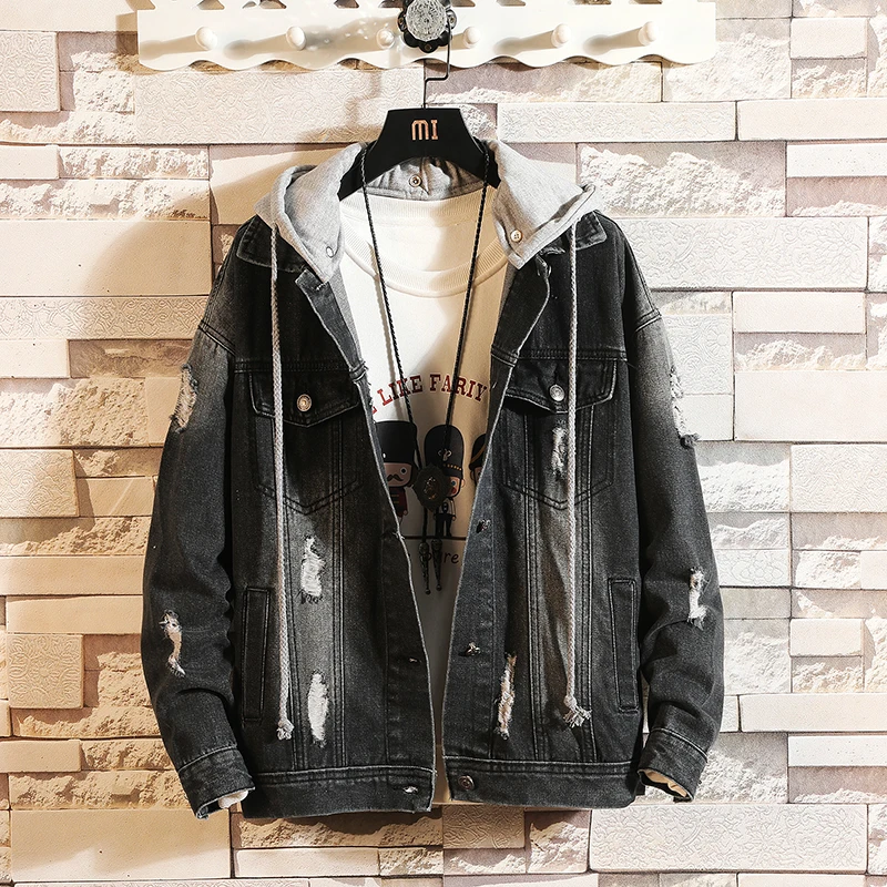 Men Basic Coat Hooded Denim Jacket Mens Winter Hip Hop Jacket For Jeans Jacket Women Denim Coat loose fit casual style
