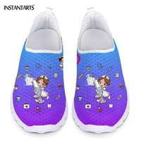 instantarts new cartoon nurse print women sneakers slip on lightweight mesh shoes summer breathable flats shoes zapatos planos