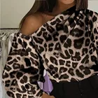 Женская блузка на одно плечо, с длинным рукавом-фонариком и леопардовым принтом