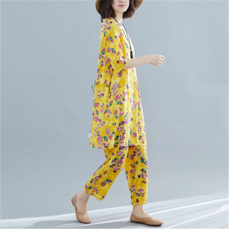 

2021 Summer Fashion New Cotton And Linen Printed Round Neck Top + Nine-Point Pants Plus Size Casual Two-Piece Trend 406
