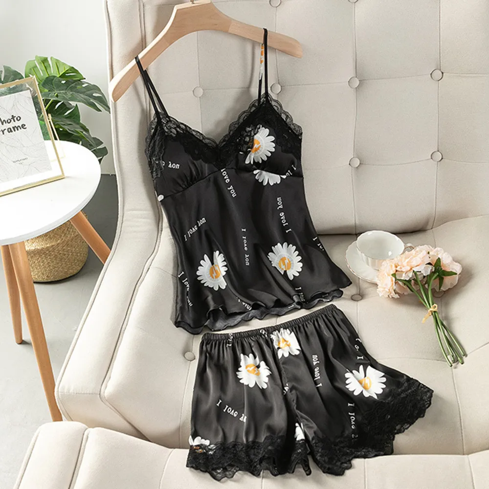 

Fdfklak Sexy Lace Ladies Shorts Pajama Set Breathable Spaghetti Strap Female Lingerie 2021 Summer Silk Women's Sleepwear