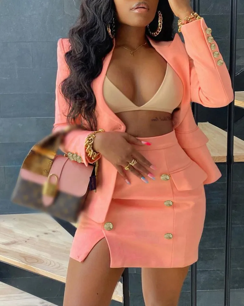 

Женский комплект из 2 предметов, однотонный блейзер с отложным воротником и двубортная юбка с разрезом