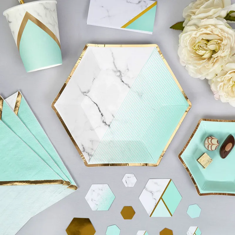 Мятно зеленая бумага одноразовая посуда с мраморным узором тарелки салфетки