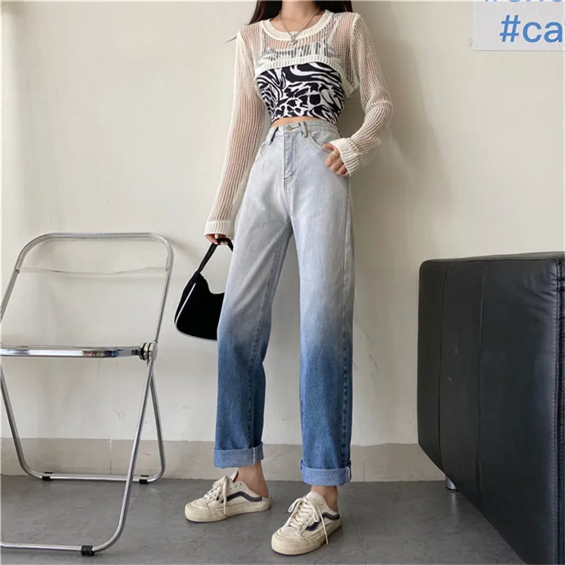 

2021 New Autumn Dye Gradient Straight Jeans Women Loose Streetwear High Waist Denim Pants For Female