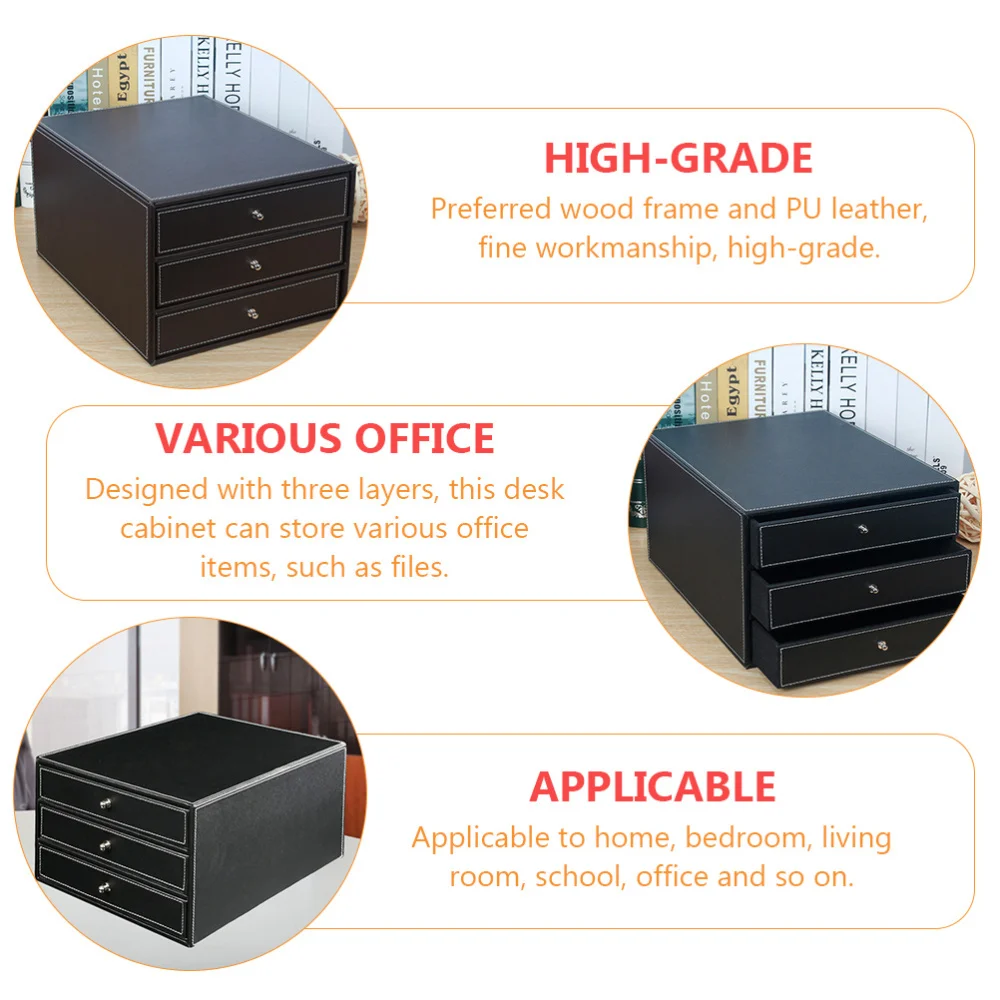 

1Pc Drawer Type Desk Cabinet Leather Office Three-layer File Storage Box (Black)