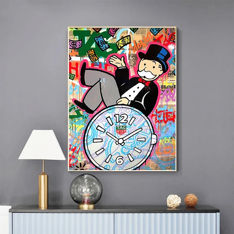 

Alec Monopoly on Clock Time Canvas Paintings Graffiti Modern Posters Prints Wall Art Pictures for Living Room Wall Decor Cuadros