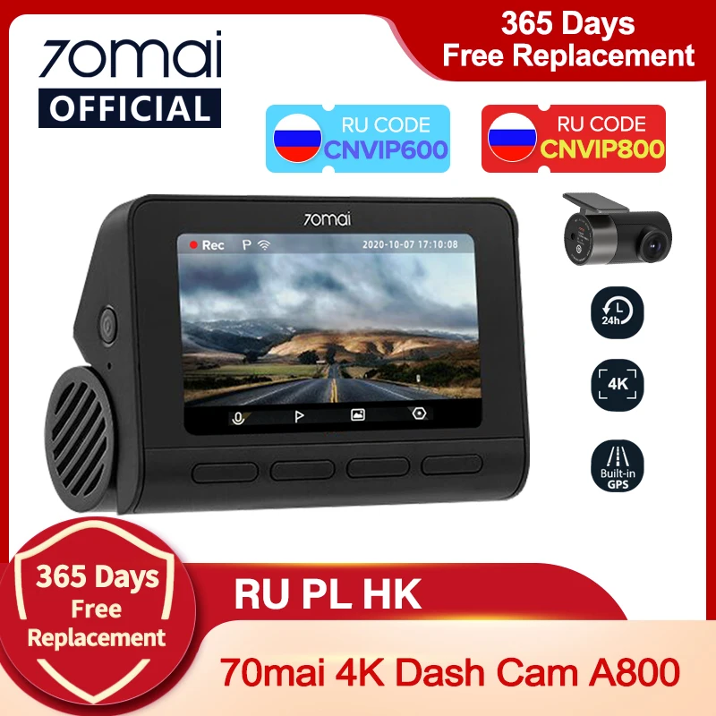  70mai Dash Cam 4K A800S двойной прицел 70mai A800S GPS ADAS спереди и сзади Видеорегистраторы для автомобилей 2160P 4K 24 часа в сутки парковка 140FOV 