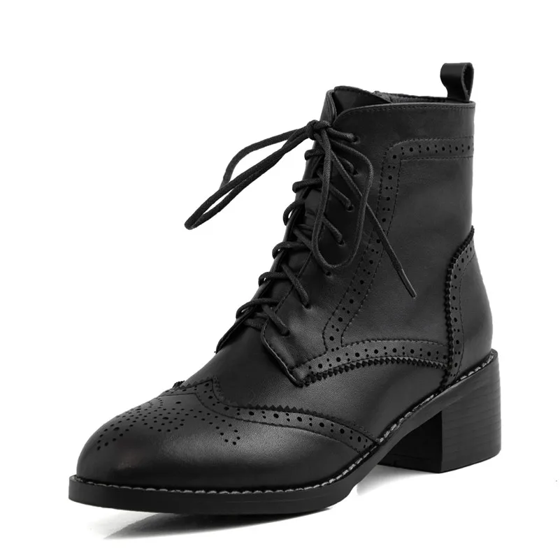 

FOREADA Real Leather Ankle Boots Woman Lace Up Block Heel Boots Zip High Heel Short Boots Cutouts Ladies Shoes Winter White 41